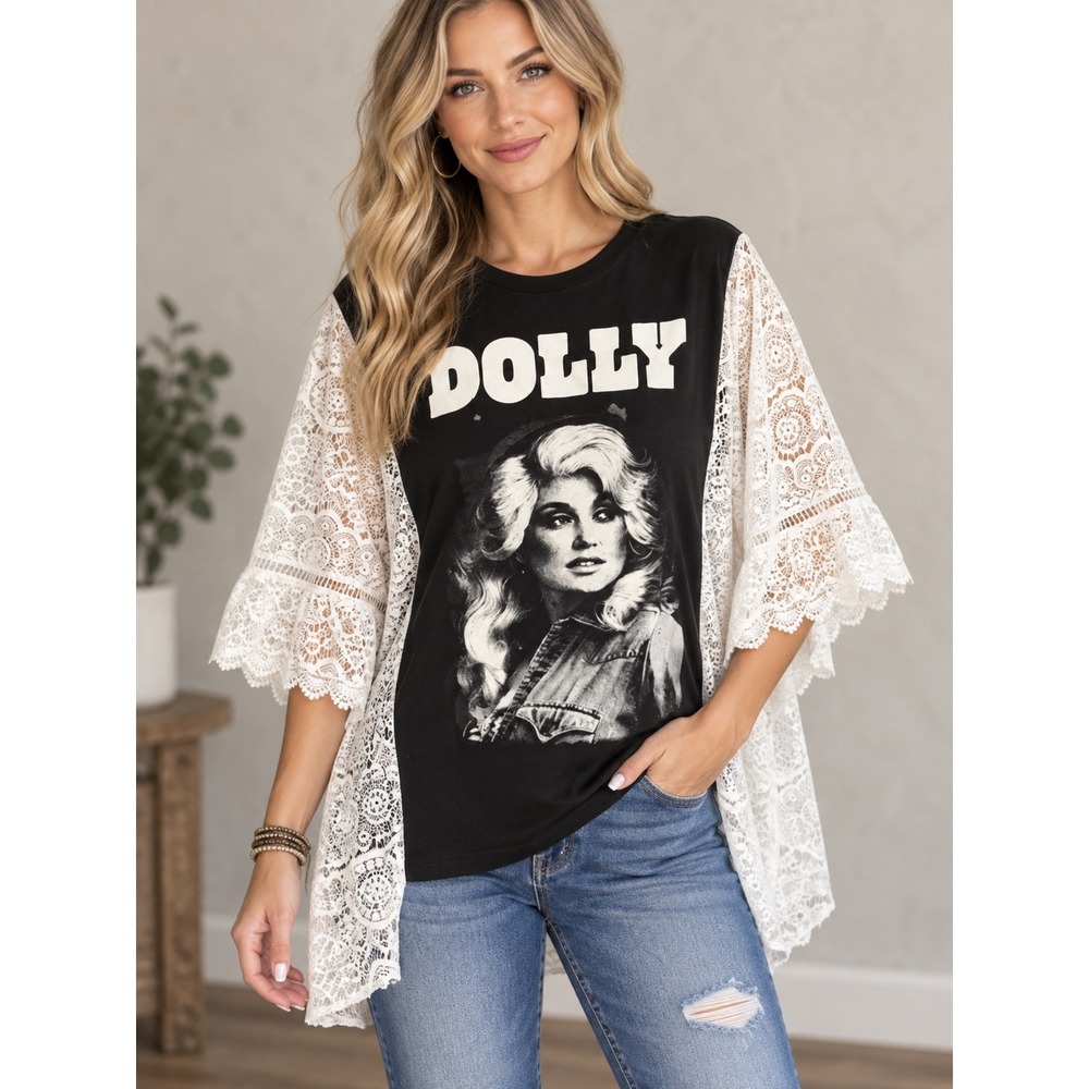 Dolly Parton Upcycled Graphic T-Shirt White Lace Kimono Sleeve Black Top OSFM